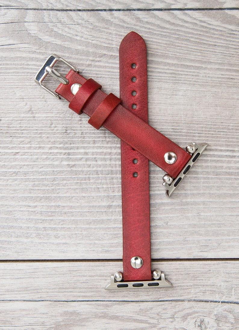 Burnished Red Leather Ultra Slim Apple Watch Band (Silver Rivet)