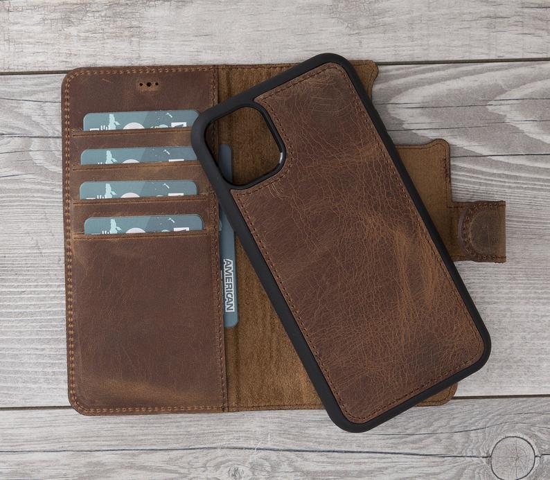 Antic Brown Leather Magnetic Wallet Case for iPhone 11 Models