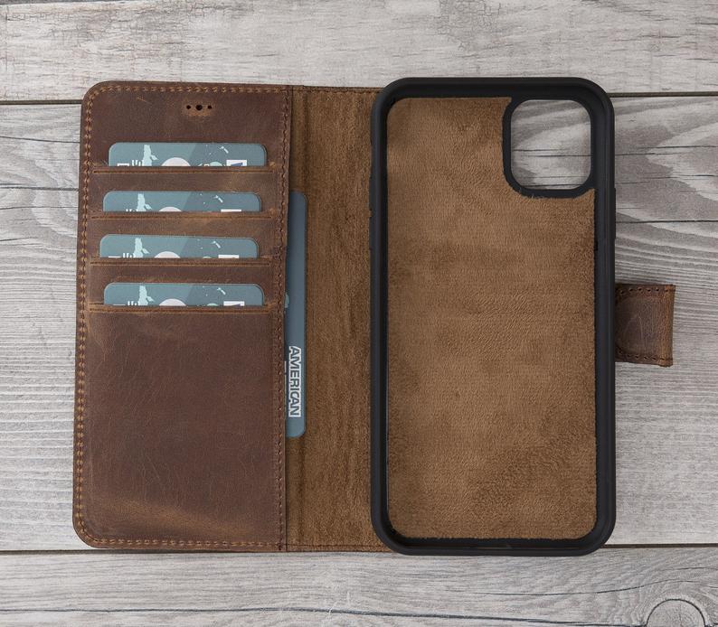 Antic Brown Leather Magnetic Wallet Case for iPhone 11 Models