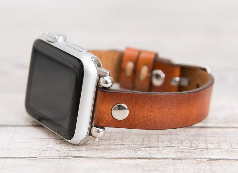 Brown Leather Ultra Slim Apple Watch Band (Silver Rivet)