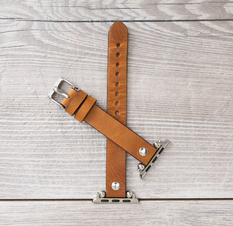 Camel Leather Ultra Slim Apple Watch Band (Silver Rivet)