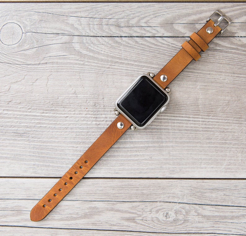 Camel Leather Ultra Slim Apple Watch Band (Silver Rivet)