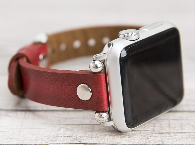 Burnished Red Leather Ultra Slim Apple Watch Band (Silver Rivet)