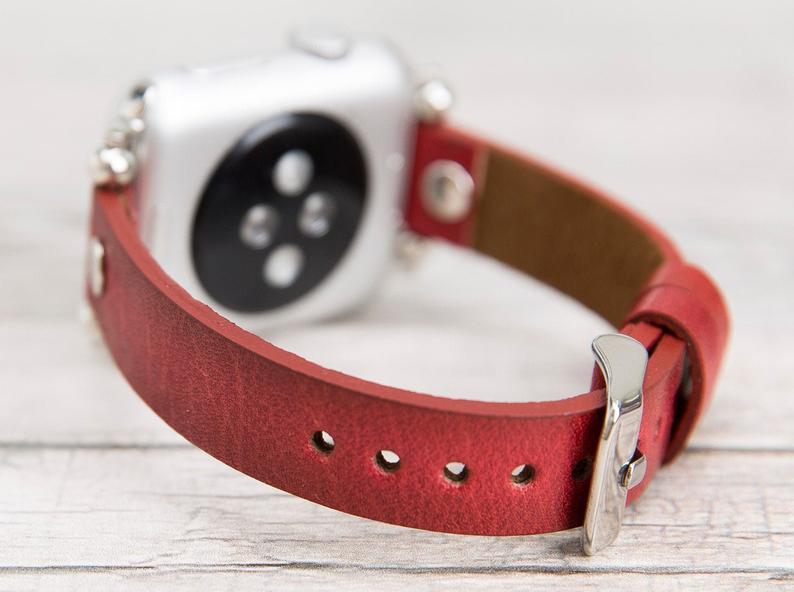 Burnished Red Leather Ultra Slim Apple Watch Band (Silver Rivet)