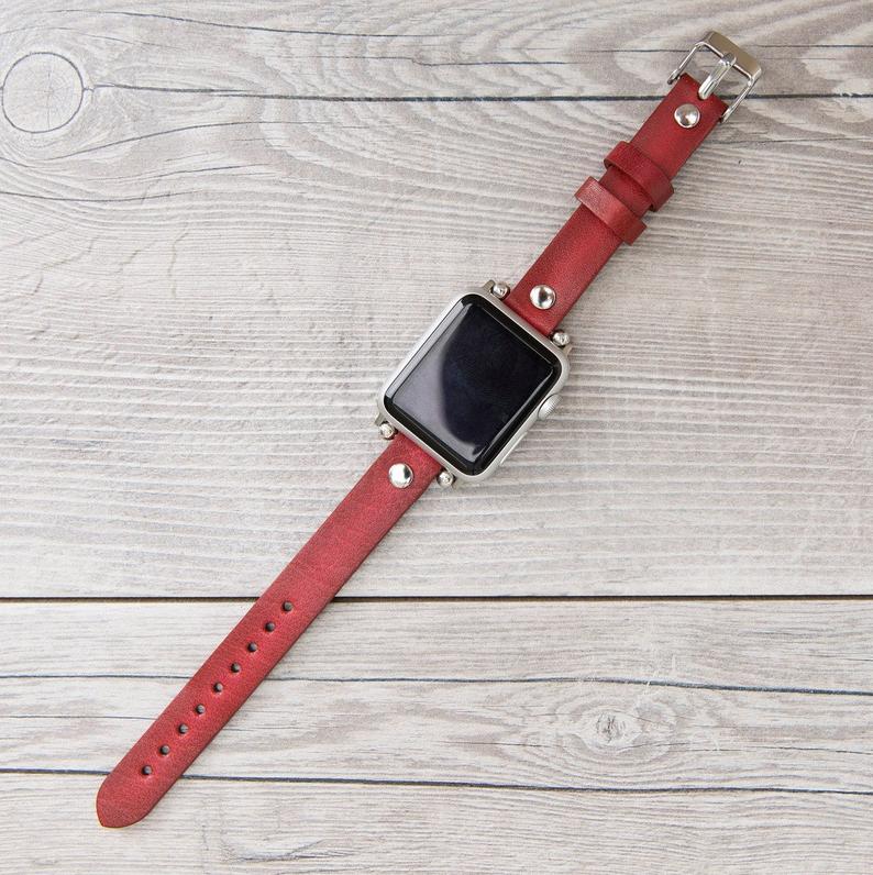 Burnished Red Leather Ultra Slim Apple Watch Band (Silver Rivet)