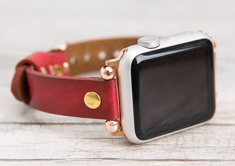 Burnished Red Leather Ultra Slim Apple Watch Band (Gold Rivet)