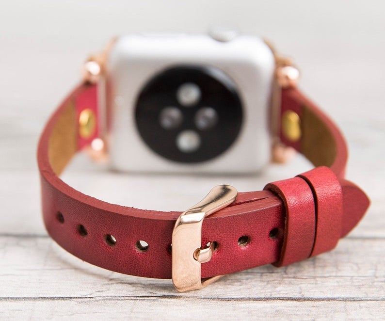 Burnished Red Leather Ultra Slim Apple Watch Band (Gold Rivet)