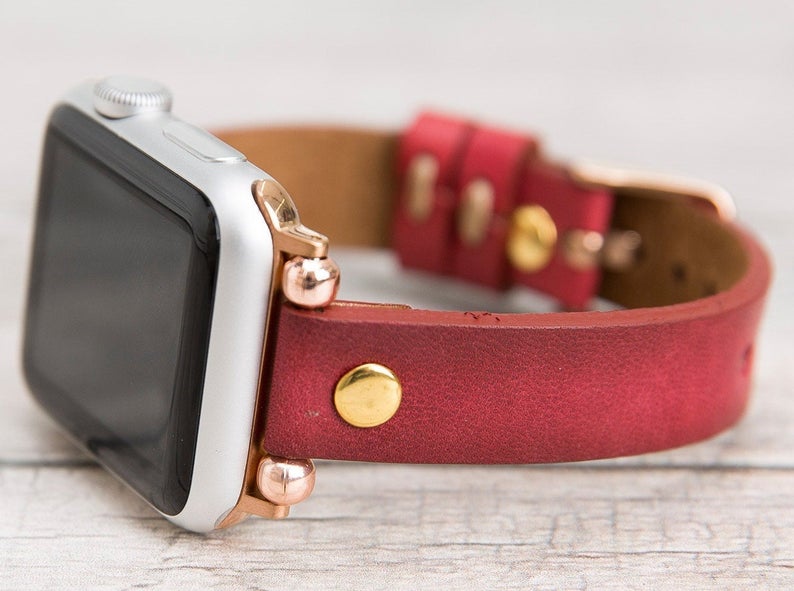 Burnished Red Leather Ultra Slim Apple Watch Band (Gold Rivet)