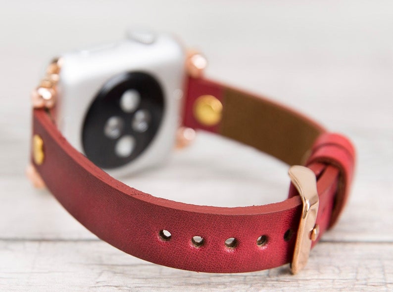 Burnished Red Leather Ultra Slim Apple Watch Band (Gold Rivet)