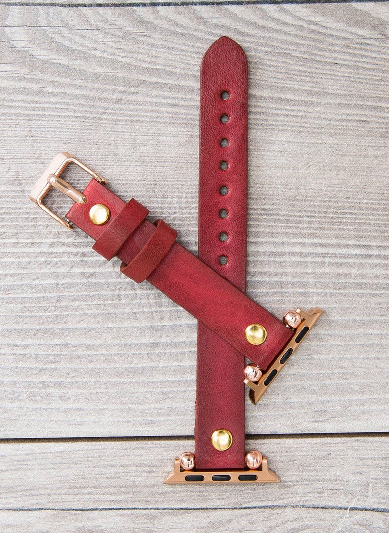 Burnished Red Leather Ultra Slim Apple Watch Band (Gold Rivet)