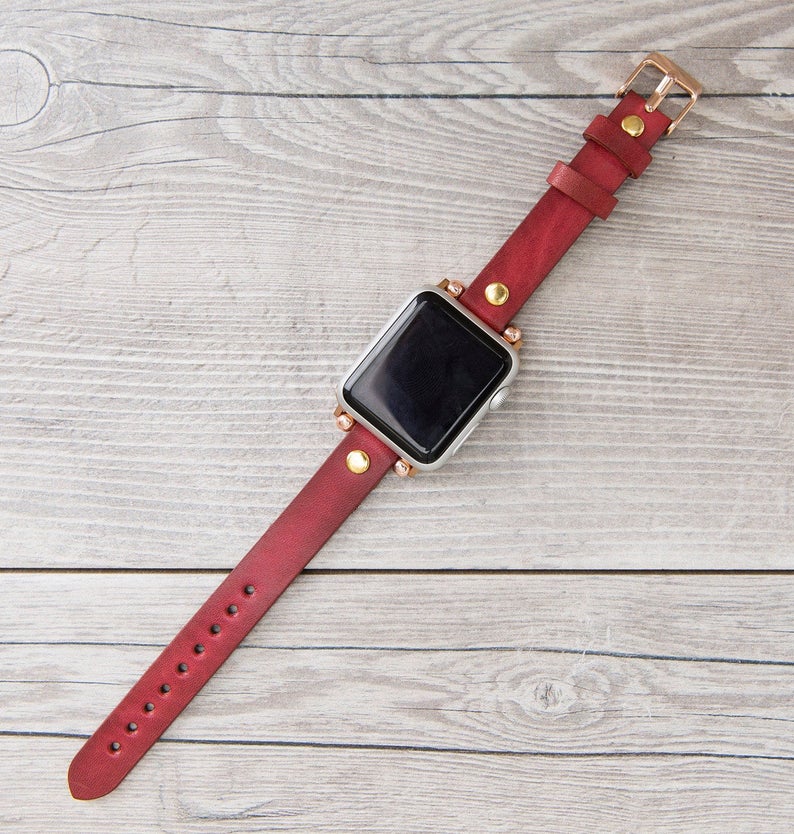 Burnished Red Leather Ultra Slim Apple Watch Band (Gold Rivet)